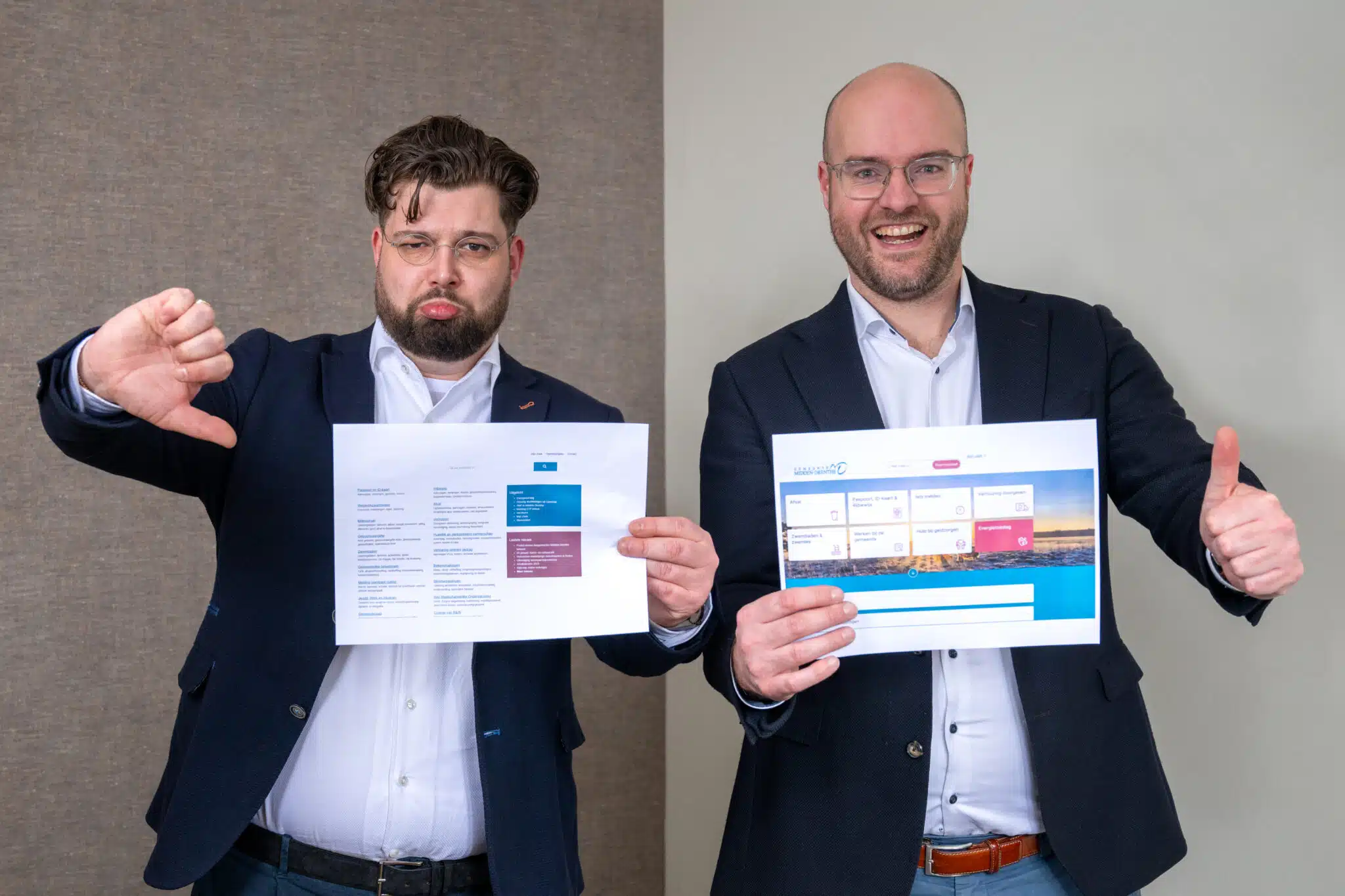 Wouter toont een minder goede website, Pieter een goede website na succesvolle implementatie CMS